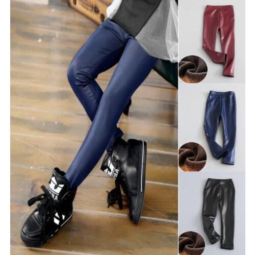 Faux Pu Leather Winter Warm Children Girls Leggings Pants Slim Girls Thick Trousers 2-10Years