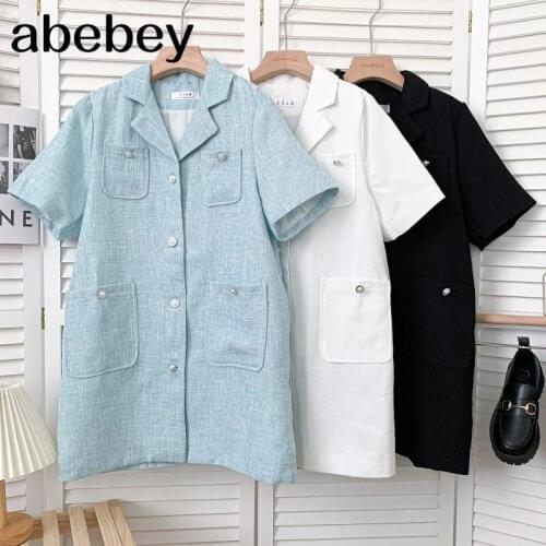 Vintage turn-down collar short sleeve Dress double pocket pearl single breasted high waist short Dress 2021 New Summer