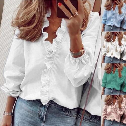 Women Ruffle Long Sleeve Blouses Shirt Tops 2021 Spring Summer V-Neck Casual Loose Letter Printed Plus Size White Blouses Tops