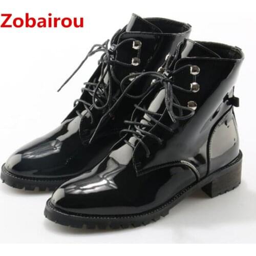 Zobairou 2018 fashion balck patent leather ankle boots for women motorcycle flats lace up punk chelsea boots shoes woman bota
