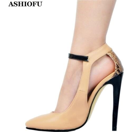 ASHIOFU Handmade Ladies High Heel Pumps Mary Janes Party Prom Dress Shoes Patchwork Large Size Fashion Pumps Court Shoes XD006