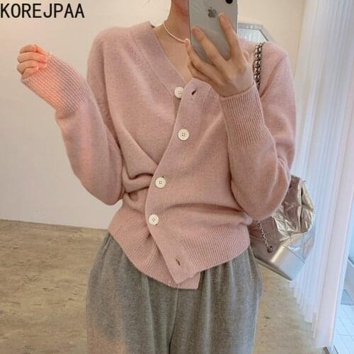 Korejpaa Women Cardigan 2021 Autumn Korea Elegant Temperament Ladies V-Neck Beveled Side Irregular Loose Long-Sleeved Sweaters