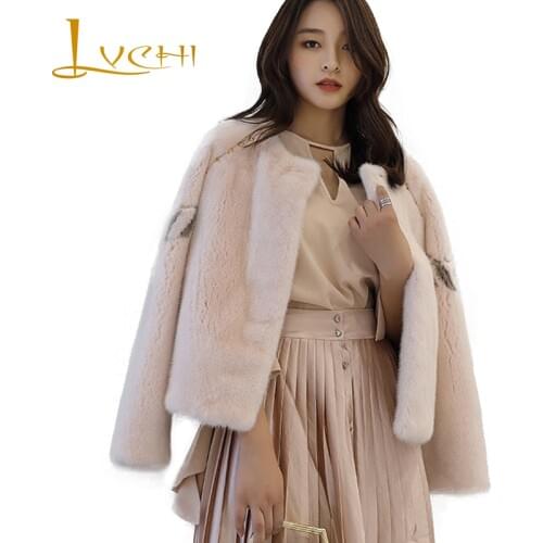 LVCHI Winter 2019 Rivet Zipper Mink Fur Coat Womens O-Neck Long Sleeve Pink Import Swan Velvet Causal Causal Fashion Mink Coats