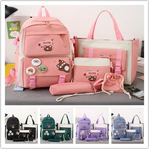 5 Pcs Sets Canvas Schoolbags For Teenage Girls Women Backpacks Laptop Keychain School Bags Travel Bagpack Mochila Escolar