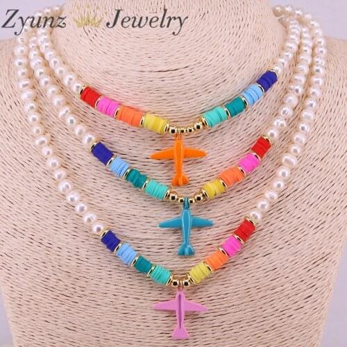 5PCS, Airplane Pendant Necklace, Freshwater pearl and heisi bead necklace, rainbow polymer clay and pearl beaded necklace