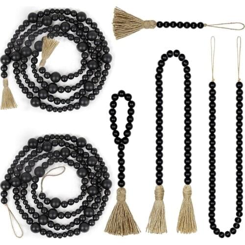Wood Beads Garlands With Jute Rustic Tassel DIY Natural Wooden Handmade Wall Home Deco Boho macrame Black Farmhouse Decoration