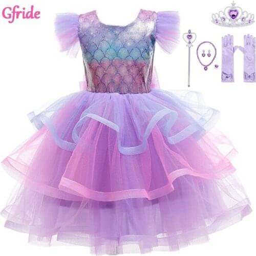 Girls Princess Ariel Costume For Kids Christmas Little Mermaid Cake Dress With Crown Child Carnival Birthday Party Clothing Pink