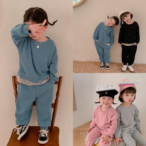 2021 Autumn New Products Boys and Girls Solid Color Stitching Sweater + Pants Childrens Two-Piece Set