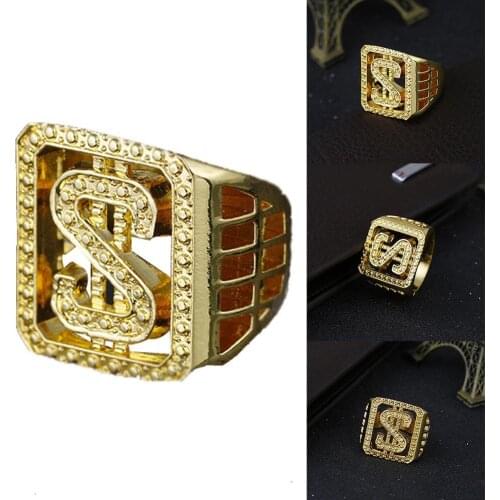 Mens Personality Street Dance Tide Brand Dollar Ring Hip Hop Gold Plated Hollow Dollar Symbol Wide Band Finger Ring Jewelry