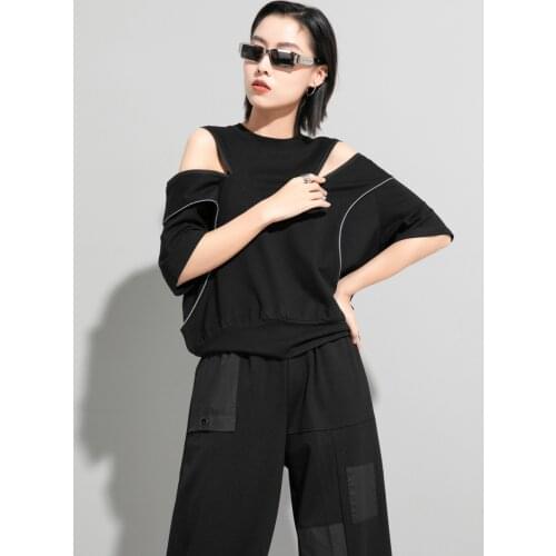 2021 summer new dark zipper off shoulder fake two loose and thin top design Short Sleeve T-Shirt fashion