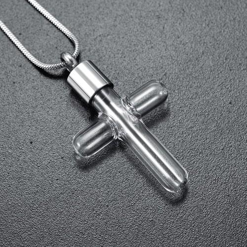 IJD9893 High Quality Clear Cremation Urn Jewelry Souvenir Stainless Steel Cross Glass Tube Memorial Pendant Necklace For Ashes