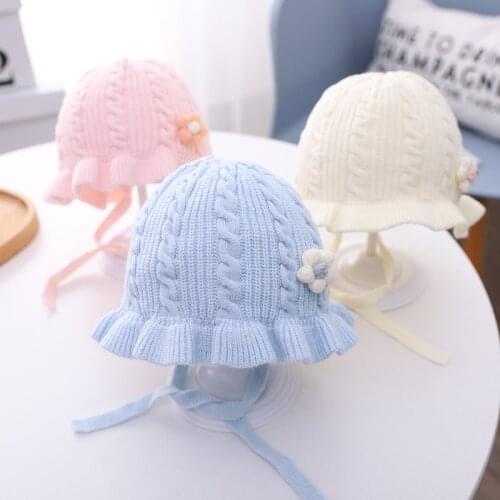 Cute Ruffle Lace Baby Hat Winter Warm Baby Boys Girls Cap Beanies With Lacing Knitted Soft Solid Color Newborn Infant Hat