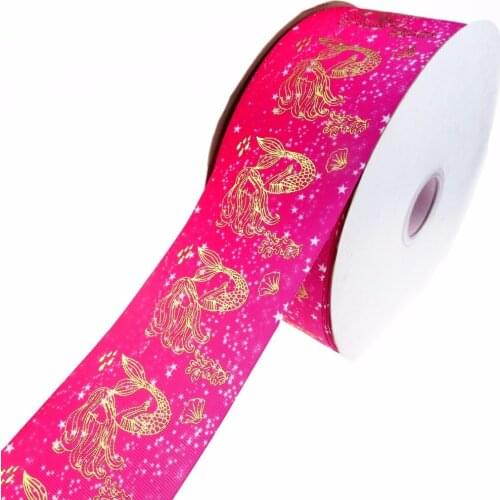 Wholesale 100Y/lot 75mm 3" gold foil mermaid printed polyester grosgrain ribbon welcome custom order