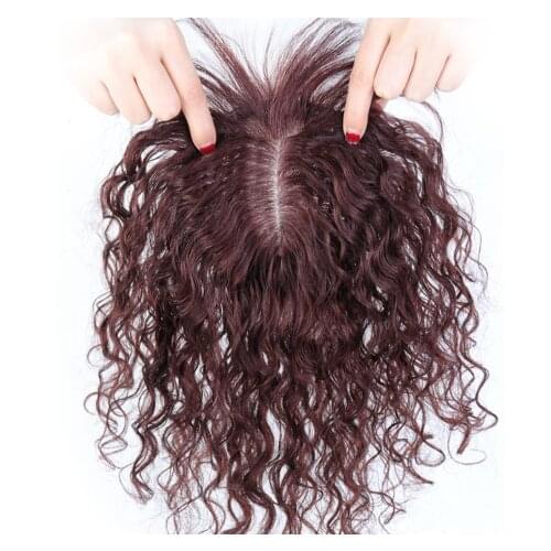 BYMC 14 Inch Silk Base hair Topper Toupee With Bangs Dark Brown Curly Hairpieces With Clips Remy Human hair silk Top Toupee Wig