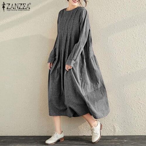 Fashion Check Dress Womens Autumn Pleated Sundress ZANZEA Casual Long Sleeve Midi Vestidos Female O Neck Plaid Robe 7