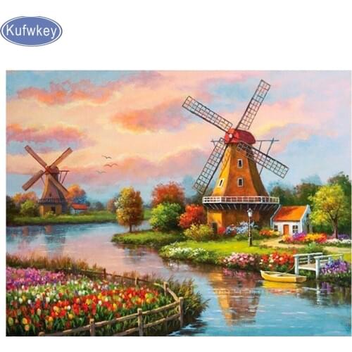 Full Square,Diamond Embroidery,nature scenery,5D,Diamond Painting Windmill House,Cross Stitch,3D,Diamond Mosaic,Needlework,decor