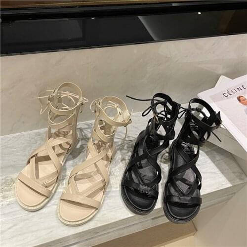 Mr Co Flat-bottomed Roman Sandals Female 2021 Summer New High-top Soft-soled Strappy Fairy Style Roman Shoes Hollow Fashion