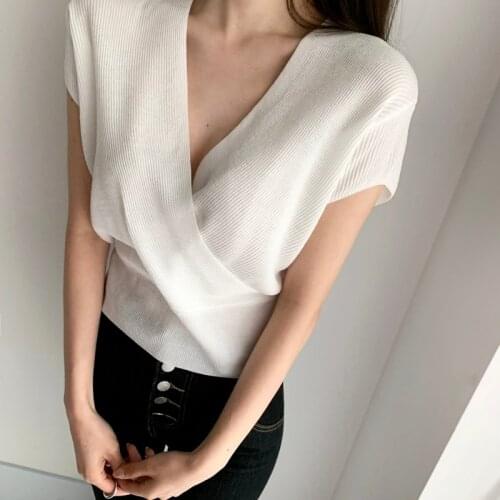 Summer Cross Waist Sexy Knit Top Shirt 2021 Fashion V-Neck Women Shirts Korean Women Blouses and Top Short Sleeve Clothing 15751