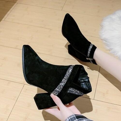 Womens Solid Color Square High Heels Zipper Suede Warm Snow Boots Round Head Suede Side with Snow Boots