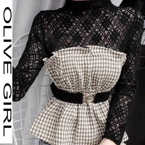 2021 Female Design Sense Niche Stitching Plaid Top Western Style Waist Waist Fake Two-piece Lace Shirt