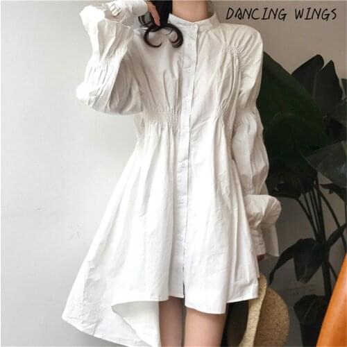 DANCING WINGS Korean style loose lantern sleeve irregular white shirt cotton women
