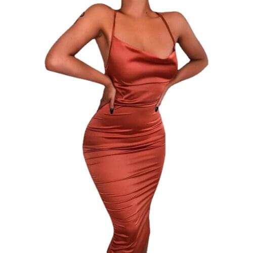 Neon satin lace up 2021 summer women bodycon long midi dress sleeveless backless elegant party outfits sexy club clothes