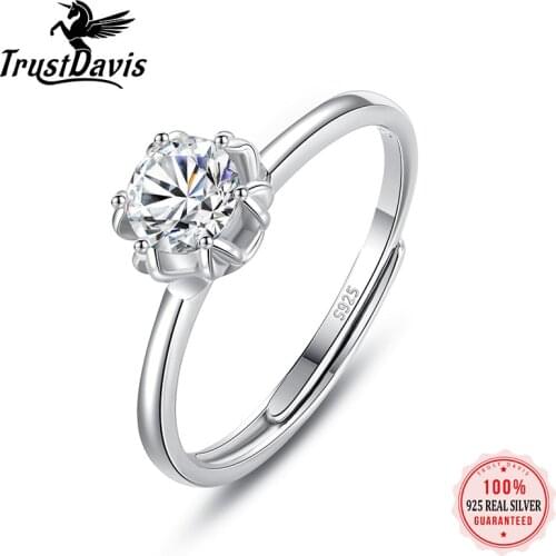 TrustDavis Real 925 Sterling Silver Ring Six Claw Zircon Adjustable Ring Women Light Luxury Engagement Wedding Jewelry L225