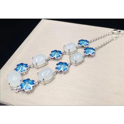 925 Sterling Silver HeTian White Jade Beads Four Leaf Clover Chain Decoration Lucky Bracelet Certificate For Women Fine Jewelry