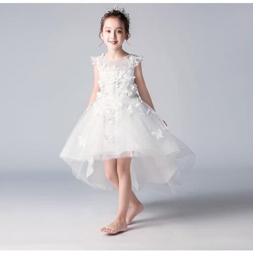 White Tulle Flower Girl Dress Hi-Lo Girls Prom Party Gowns Kids Child Party Evening Princess Wedding Girl Pageant Dresses
