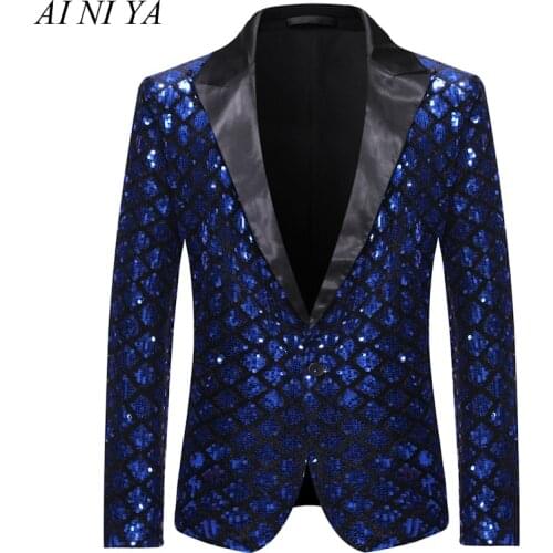 Shiny Sequin Glitter Mens Royal Blue Blazer Notched Lapel Plaid Men Tuxedo Blazers Wedding Nightclub Party Stage Men Suit Jacket