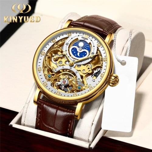 KINYUED Gold Skeleton Tourbillon Watch For Men Watches Mens 2021 Top Brand Luxury Sport Automatic Mechanical Clock Leather Strap
