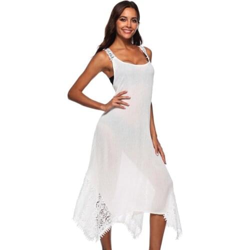 Women Sleeveless Backless Lacing Irregular Lace Hem Plus Size Low-cut Midi Dress