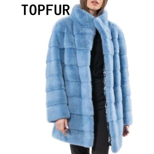 TOPFUR Import Blue Natural Mink Fur Coat Luxurious Round Neck Basic Jacket Loose Fashion Real Fur Coat Woman Outwear Customized