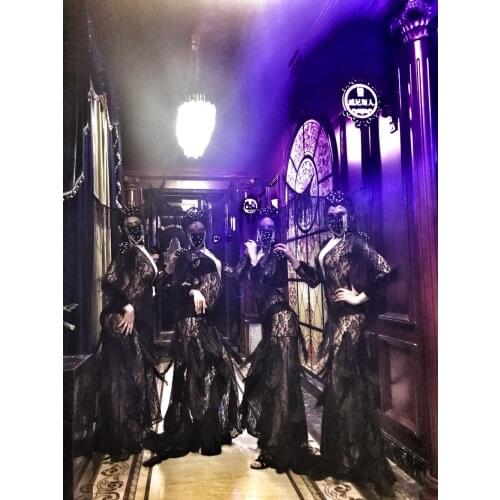 Nightclub cosplay party costume Bar gogo lace long skirt black Swan Lake headdress horns costumes