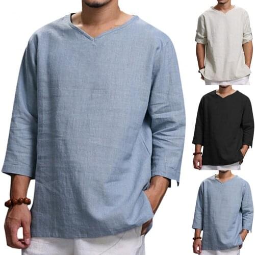 Nice-looking Male Shirt Stylish Solid Color Good Craftsmanship Cotton Blend Male Slim Three-quarter Sleeve Tee for Vacation