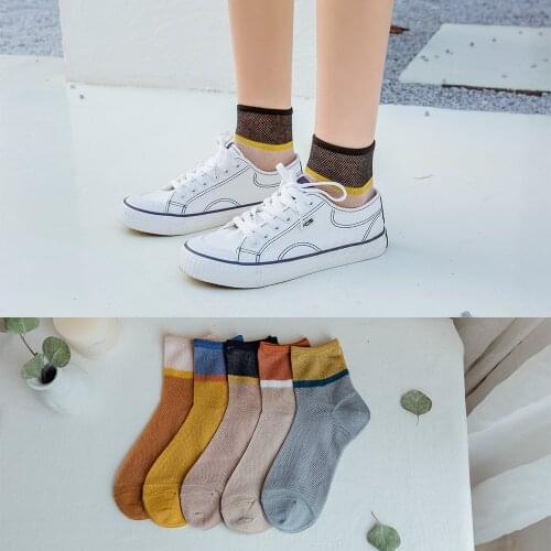 Spring And Summer Cotton Socks Fashion Colorful Women Mesh Breathable Comfortable Striped CollegeStyle Socks 5 Pairs/Lot Female