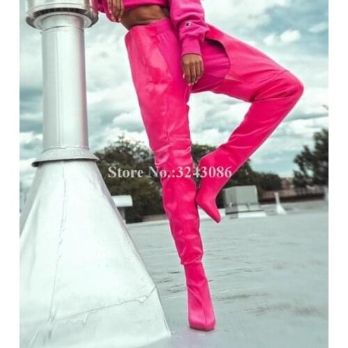 New Rose Red Satin Thigh High Boots Women Sexy Pointed Toe Stiletto Heel Over the Knee Long Boots Lady Popular Street Style Boot