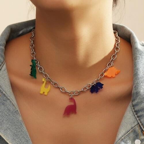 New Simple Cute Cartoon Colorful Resin Dinosaur Pendant Necklaces Silver Color Clavicle Chain Short Necklaces Jewelry for women