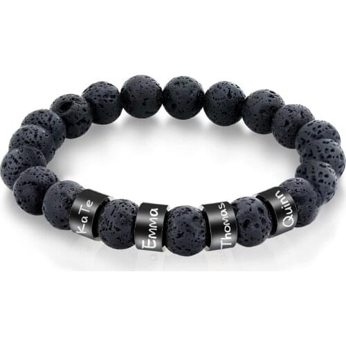 Personalized 10mm Lava Stone Bracelets for Men Jewelry Stainless Steel Beaded Name Engravd Bracelets Customized Gifts for Him
