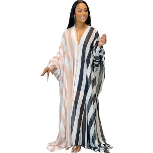 Dashiki African Dresses For Women Fashion Design Abaya Dubai Maxi Striped Loose Dress Robe Gowns Muslim Lady Africa Clothing