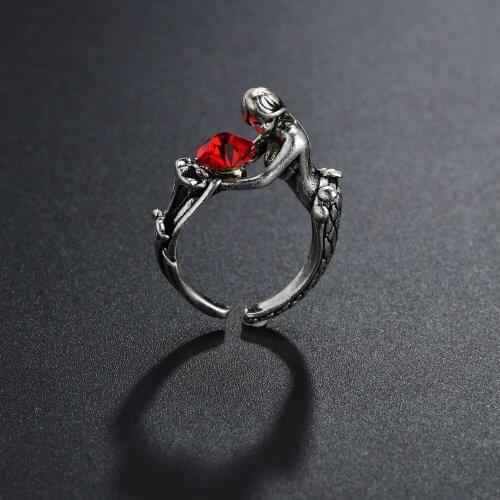 Retro Mermaid Rings For Women Love Red Ring Crystal Ring Vintage Wedding Jewelry Valentines Day Gift