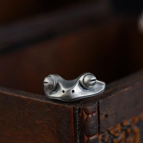 S925 silver retro craft silver ring fashion and playful opening cute frog silver ring for women man