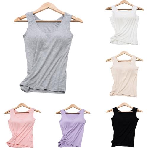 Sports Shirt Women Casual U Neck Solid Color Sleeveless Modal Padded Camisole Tank Top Running Fitness Gym Shirt Breathable