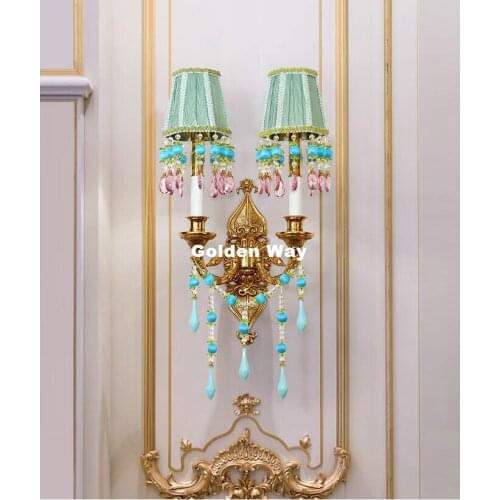 European-style Brass Lamp Crystal Wall Light W34cm H63cm 110V~220V AC 100% Copper Indoor Lighting Classical Vintage Wall Sconce