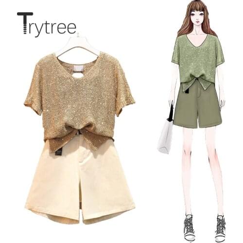 Trytree 2020 Summer Women Casual Three piece set V-neck Solid Loose Tops + Short Pockets Belt Wide leg pants Set 3 Piece Set