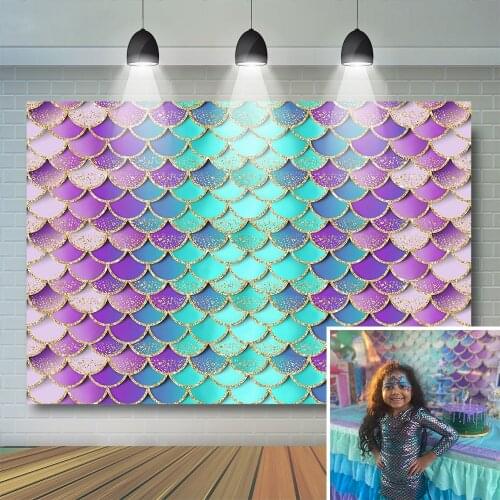 Little Mermaid Birthday Backdrop Undersea Party Decoration Banner Vinyl Purple Fish scales Baby Portrait Photo Backdrop