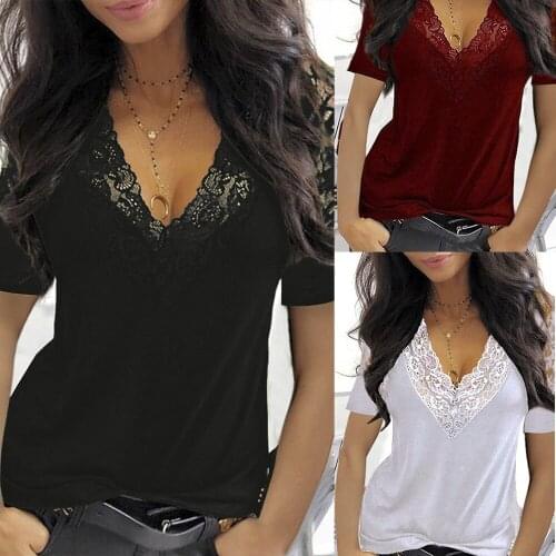 2021 Summer Women T-shirts Lace Short Sleeve Deep V Neck Patchwork Lace Casual Tee Shirt Female Tops