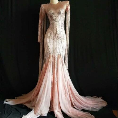 Wome Sexy Tassel Pink Long Dress Sparkly Rhinestone Women Evening Party Costume Nightclub Party Singer Performance Stage Wear