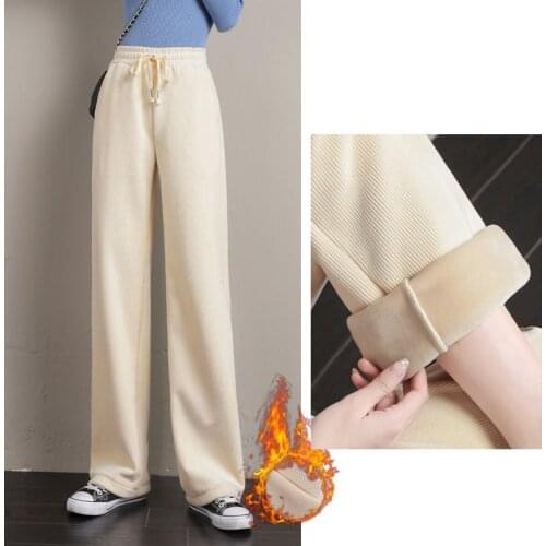 2021 Winter Female Solid Plus velvet Wide Leg Pants Women High Waist Ladies Trousers High Quality simple Casual Straight Pants