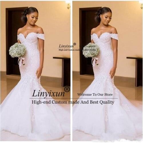 African Black Women 2020 Mermaid Wedding Dresses Off Shoulder Lace Appliques Slim Beautiful Ladies Vestidos Bridal Gowns